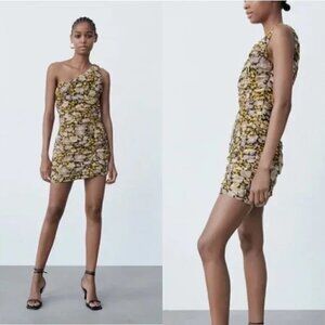 Zara Womens NWT Yellow Purple Floral Drape One Shoulder Ruched Mini Dress Small